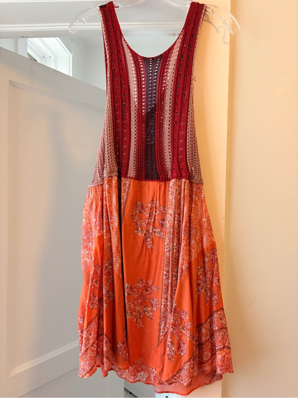 Free People Mixed-Texture Mini Dress in Red and Orange
